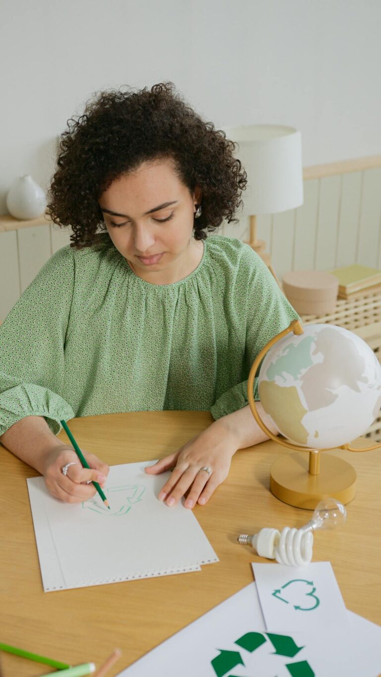 Woman drawing eco-friendly designs indoors, emphasizing sustainability and environmental awareness.