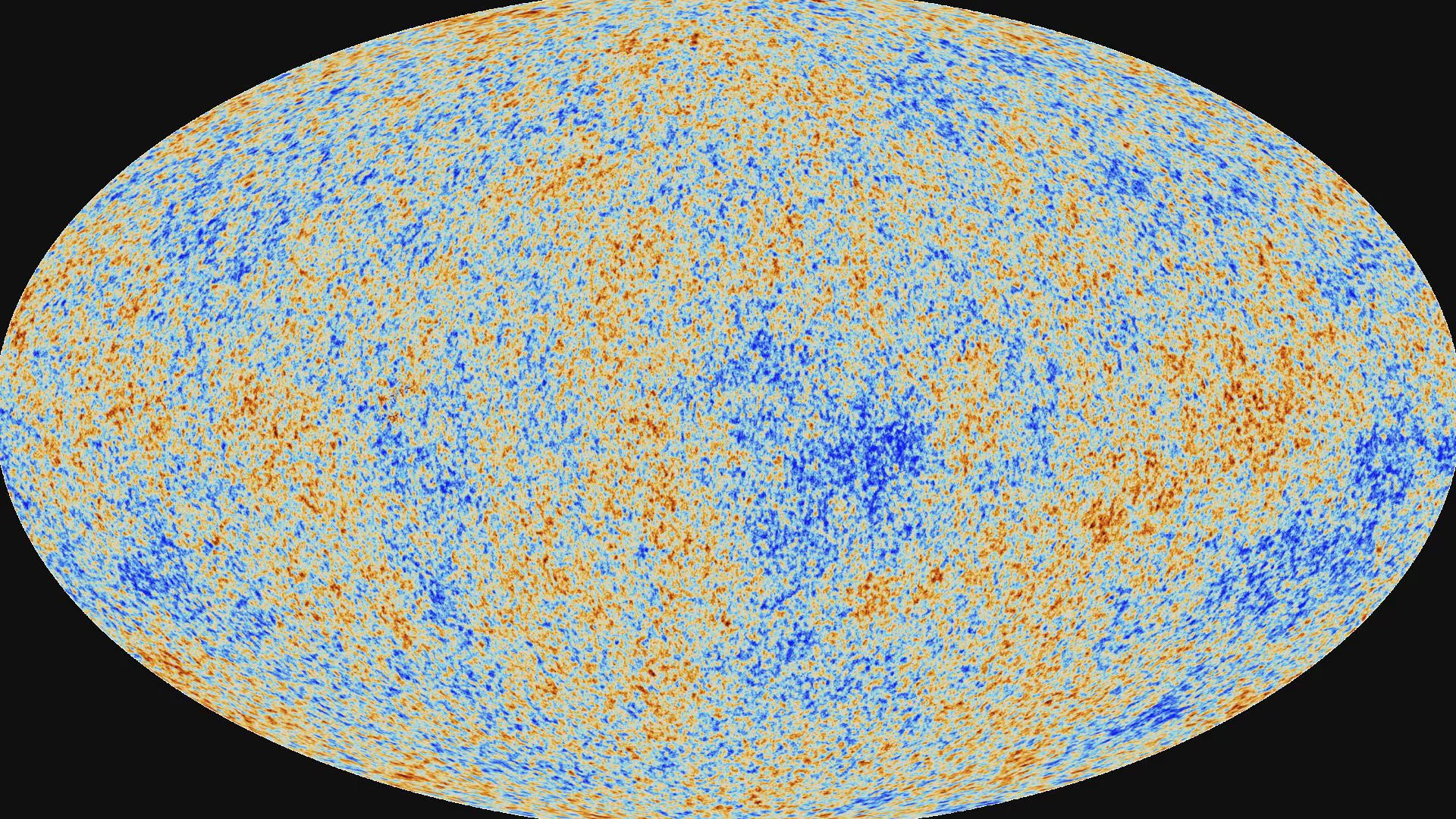 The temperature anisotropy map of the Cosmic Microwave Background measured by ESA’s Planck satellite, showing the universe 380,000 years after the Big Bang.
