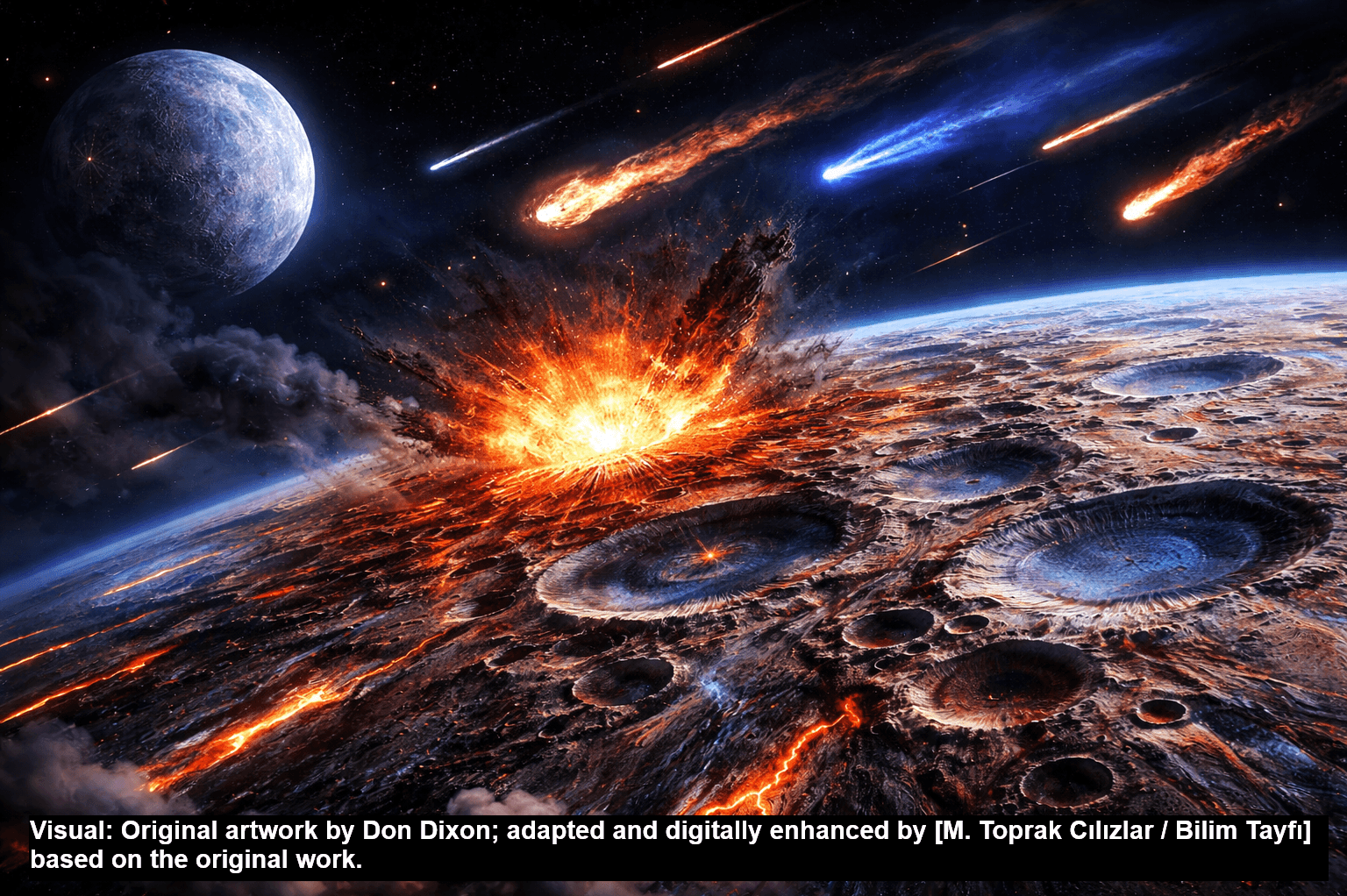 Artistic depiction of the Late Heavy Bombardment showing multiple asteroid impacts striking the early Earth&rsquo;s surface.