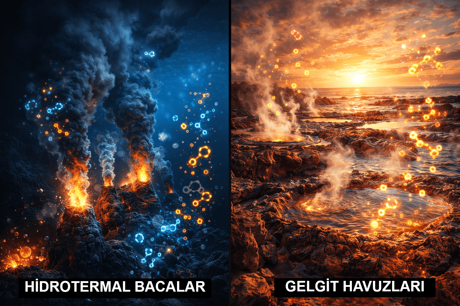 Yaşamın k&ouml;kenine dair iki hipotezi g&ouml;steren g&ouml;rsel: okyanus tabanındaki hidrotermal bacalar ve kıyıdaki gelgit havuzları.