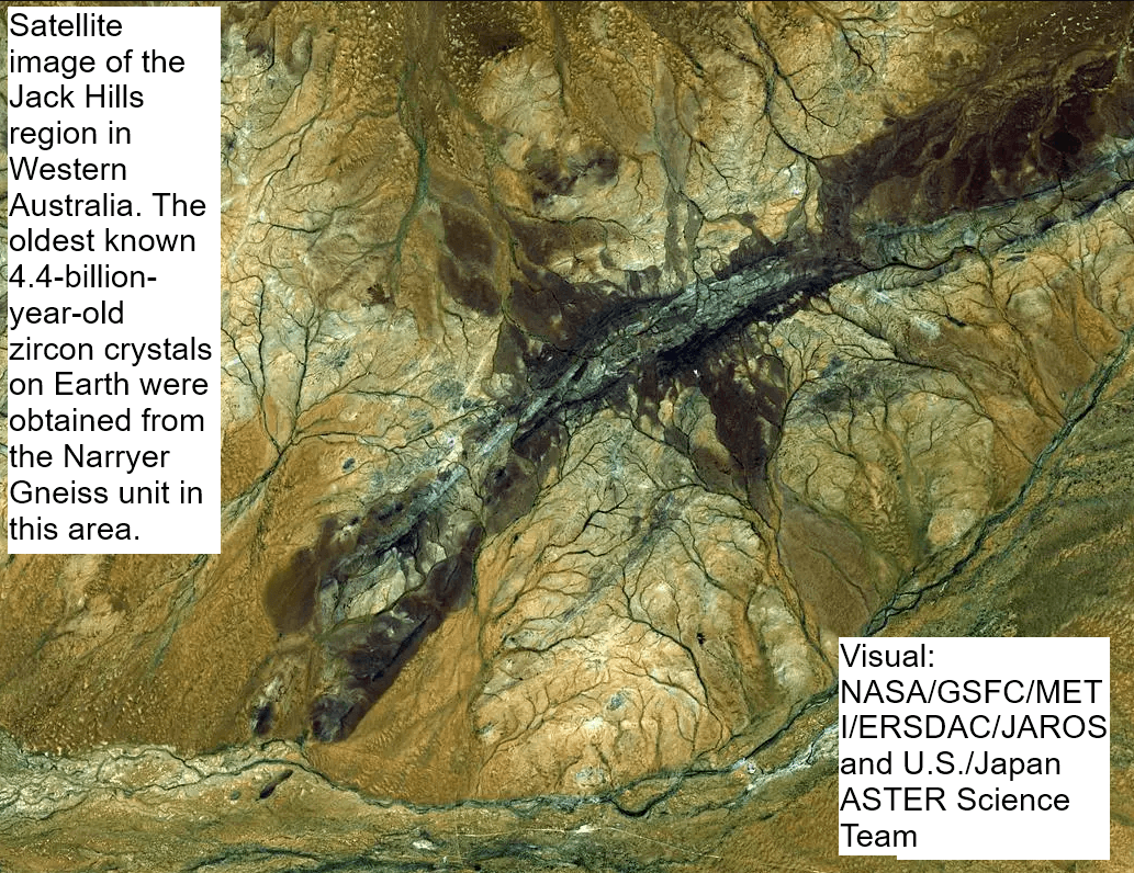 Satellite image of the Jack Hills region in Western Australia, where the oldest known 4.4-billion-year-old zircon crystals were discovered.