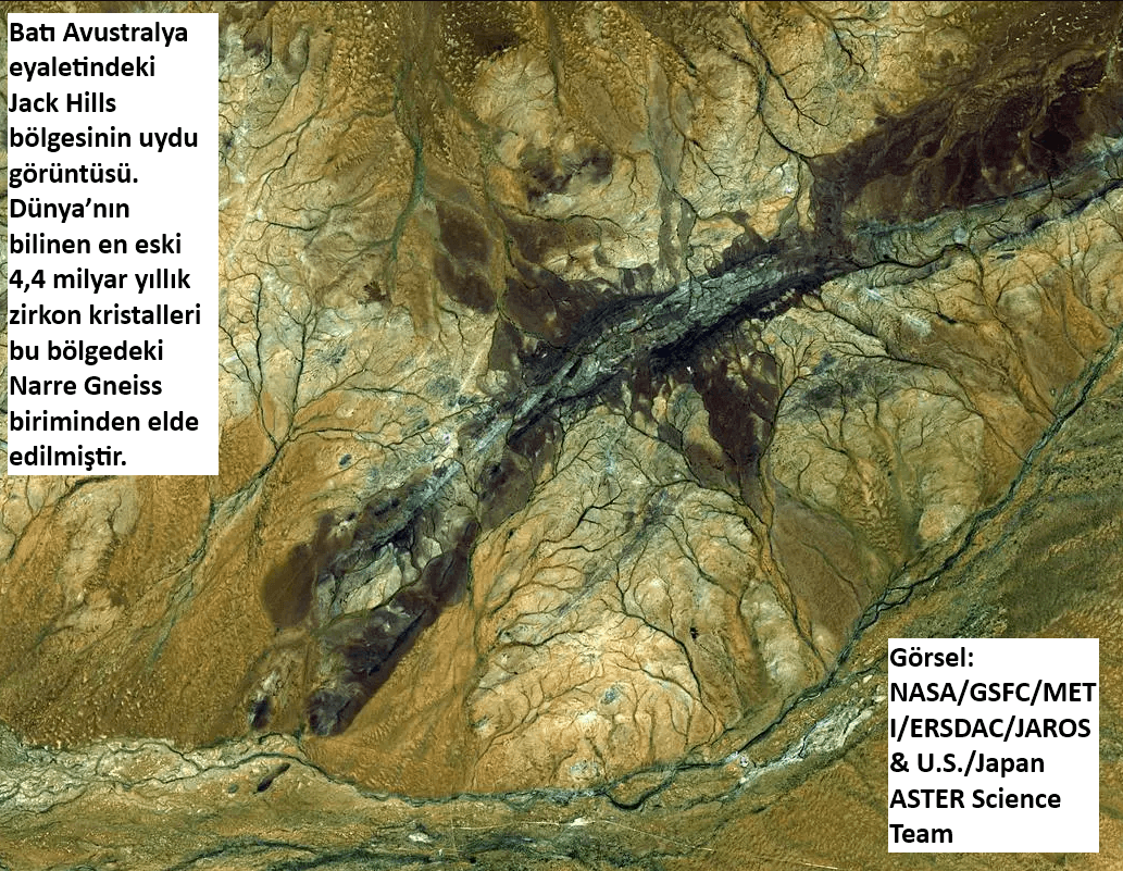 Batı Avustralya&rsquo;daki Jack Hills b&ouml;lgesinin uydu g&ouml;r&uuml;nt&uuml;s&uuml;; D&uuml;nya&rsquo;nın bilinen en eski yaklaşık 4,4 milyar yıllık zirkon kristallerinin bulunduğu alan.